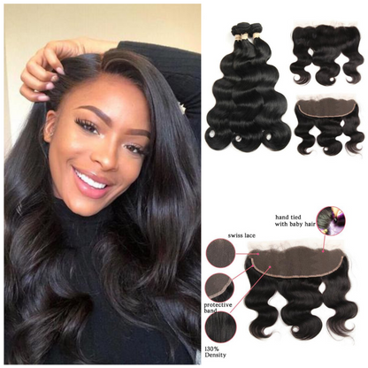 Ustar 7A Natural Black Virgin Body Wave Hair 3 Bundles with Frontal