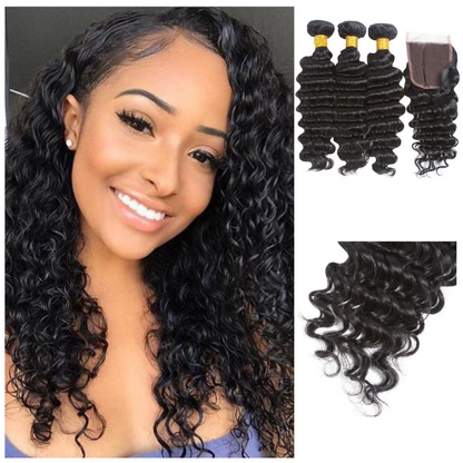 Ustar 7A Natural Black Virgin Deep Wave Hair 3 Bundles with 4 by 4 Lace Closure
