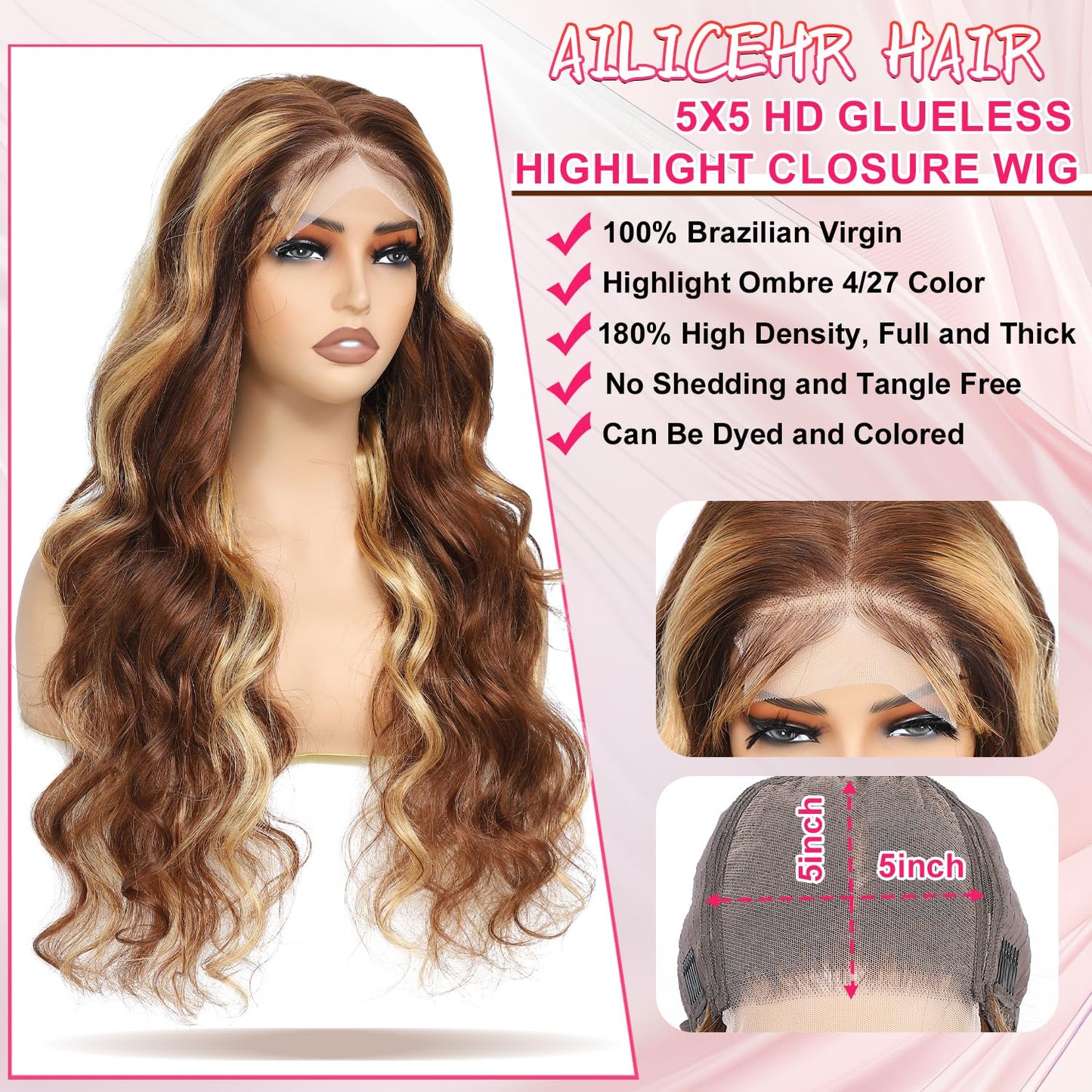 P4/27 Honey Blonde Highlight Body Wave Wig – 5x5 Lace Closure 100% Human Hair