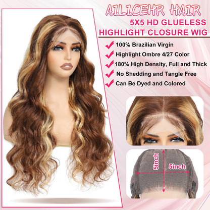 P4/27 Honey Blonde Highlight Body Wave Wig – 5x5 Lace Closure 100% Human Hair