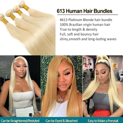 Straight Golden Blonde 613 Human Hair | 100% Unprocessed Mink Virgin Remy Bundles Single Donor Cuticle Intact