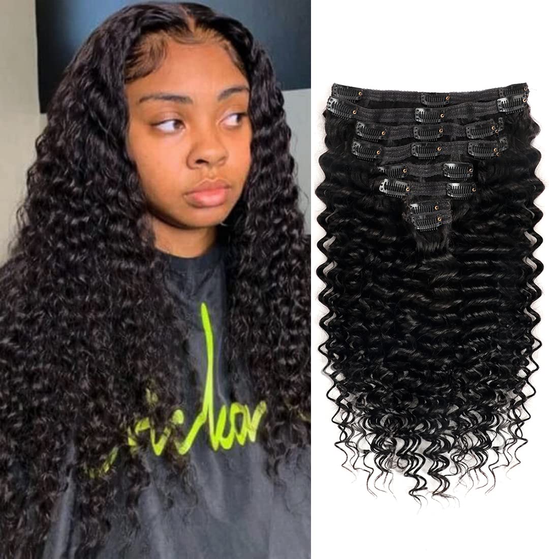 Clip in Mink Hair Extensions 100% Human Hair, 7pcs Natural Black Deep Wave – Brazilian Virgin Hair, 70-90g, Heat Styleable