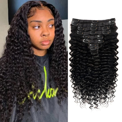 Clip in Mink Hair Extensions 100% Human Hair, 7pcs Natural Black Deep Wave – Brazilian Virgin Hair, 70-90g, Heat Styleable