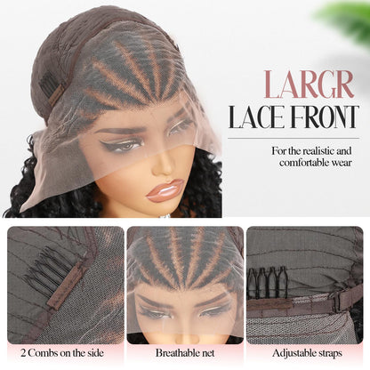Fancy Hair Cornrow with Curly Braided Wig, Baby Hair Glueless Transparent 13x4 Inch Lace Frontal Wig for Black Women 12 to 16 inches