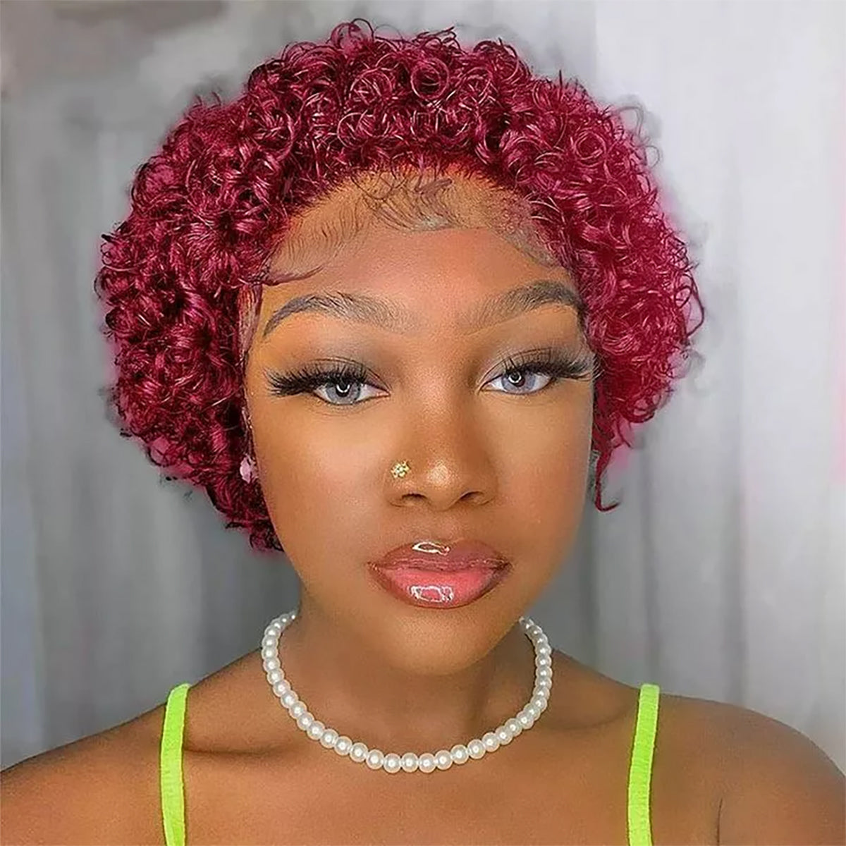 Burgundy Red Short Curly Bob Wig – 13x1 Lace Front 100% Human Hair
