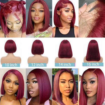 99J Burgundy Straight Short Bob Wig – 13x4 & 13x6 Transparent Lace Front Human Hair