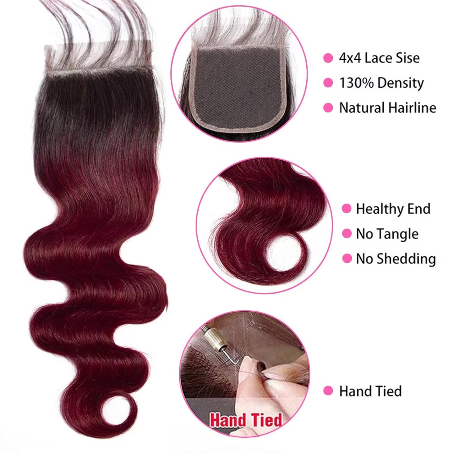 4X4 Lace Closure Body Wave Ombre (1B/99J) 100% Human Hair Closure – Transparent Lace, Burgundy Ombre