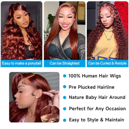 Reddish Brown Body Wave Wig – 13x4 Lace Front #33 200 Density 100% Human Hair