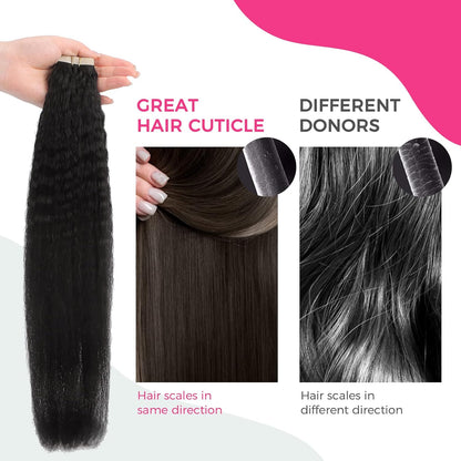 Premium Tape-in Human Hair Natural Color Kinky Straight – 20Pcs/Pack, Virgin Raw Hair, No Tangle, Seamless Blend
