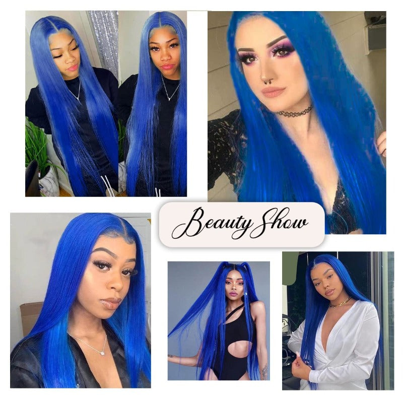 Pelucas de cabello humano con cierre de encaje frontal 13x6 HD, azul, liso Imagen secundaria del producto