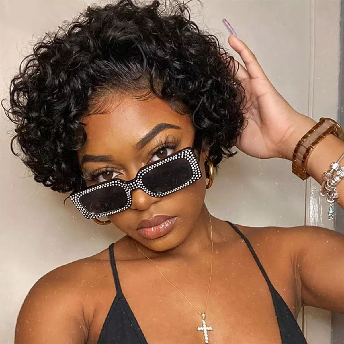 Natural Black Short Curly Bob Wig – 13x1 Lace Front 100% Human Hair
