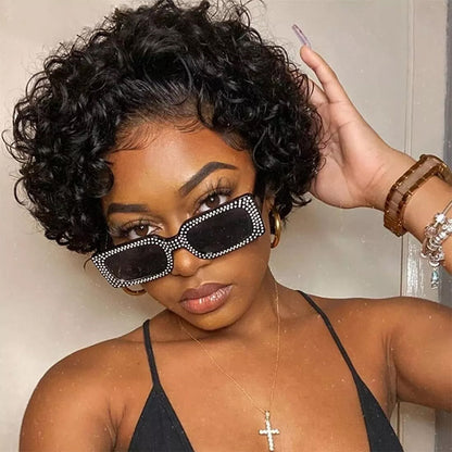 Natural Black Short Curly Bob Wig – 13x1 Lace Front 100% Human Hair