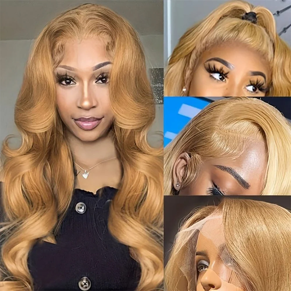 Transparent Lace 13X4 Frontal Wig Color Honey Blonde (#27) Body Wave  200 Density 100 Remy Human Hair Honey Blonde