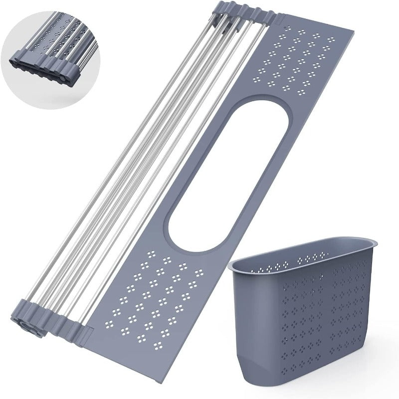 Roll Up Dish Drying Rack 17.5"(L) x 11"(W) - SUS304 Multi-Purpose Rack Rollable Stainless Steel Dish Drainer with Utensil Holder for Kitchen Sink