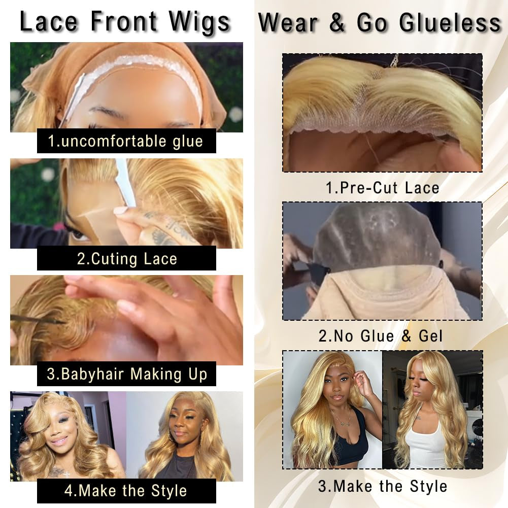 Glueless Lace 13x4 Frontal Wig Color Blonde(613) Body Wave 180 Density Wear and Go Human Hair Wig