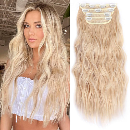 Clip in Long Wavy Synthetic Hair Extension 24 Inch 4PCS 220g Thick Hairpieces Fiber Double Weft Hair for Women – 23 Colors