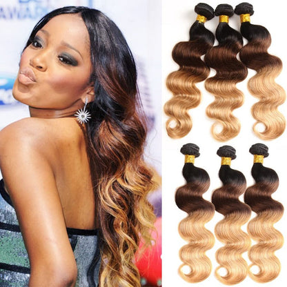 Ombre 1B/4/27 Body Wave 3 Bundles with Lace Closure 100% Virgin Human Hair