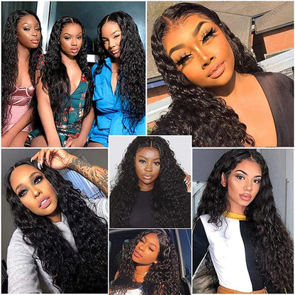 4x4 Closure Wig Water Wave Transparent Lace 100% Human Hair natural black free part