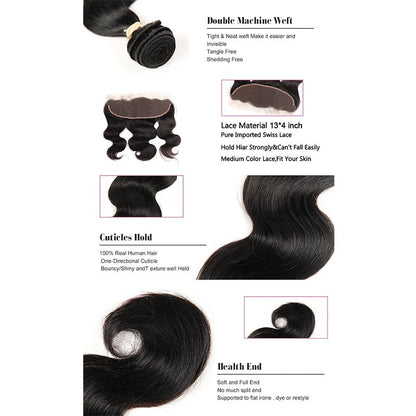 Ustar 7A Natural Black Virgin Body Wave Hair 3 Bundles with Frontal