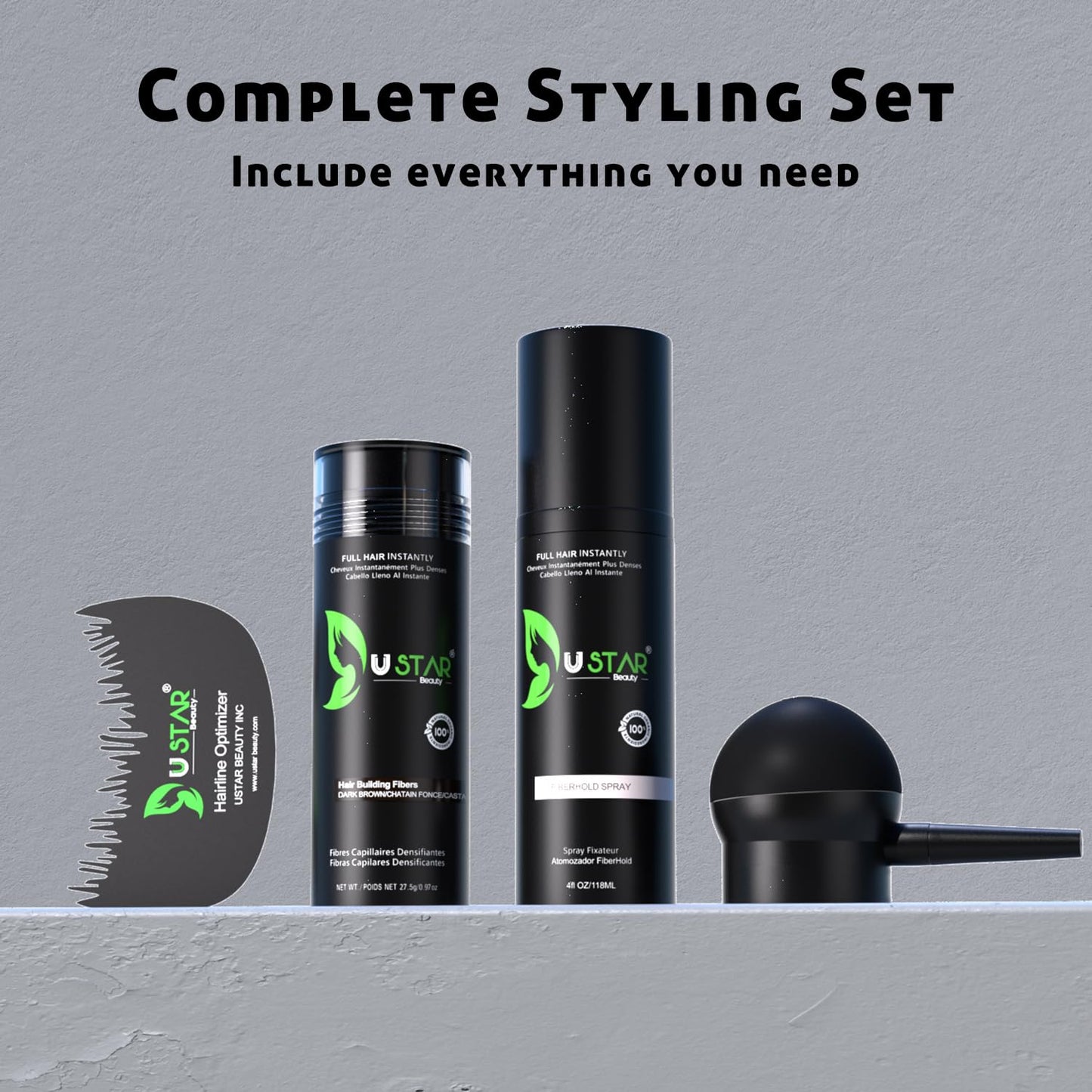 Ustar Hair Building Fibers .97oz/27.5g  4 in 1 Gift Pack (Hair Fibers, Comb, Spray Applicator, FiberHold Spray)