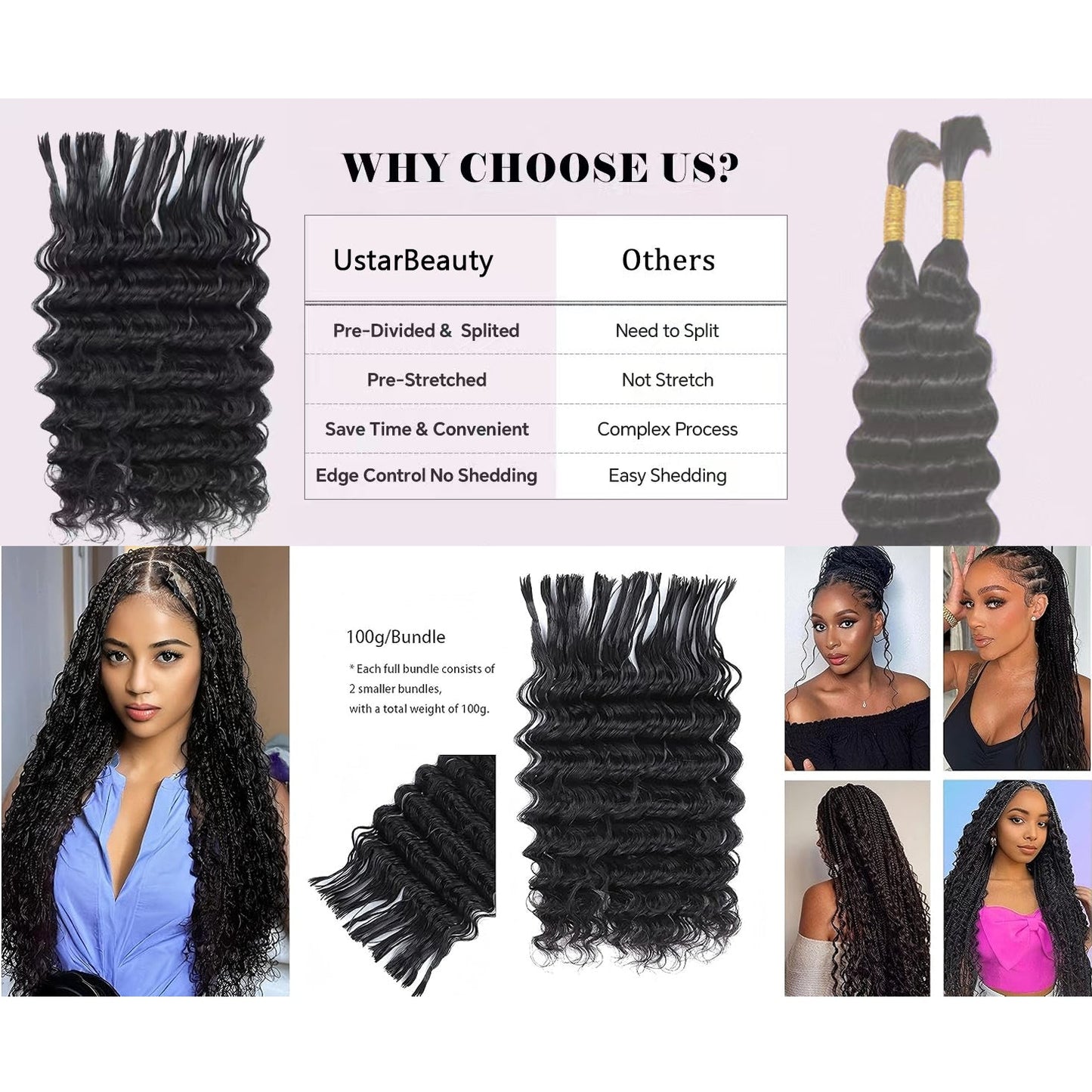 Pre-Divided 100% Human Hair Boho Braids - Deep Wave Natural Black Bulk Hair (50g-200g Options)