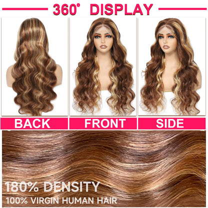 P4/27 Honey Blonde Highlight Body Wave Wig – 5x5 Lace Closure 100% Human Hair