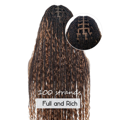 Human Hair Boho Box Braided Wigs 36" Real Swiss HD Full Lace Lightweight High Density Knotless Tangle-free Boho Box Braided Wig - Extra Full 100 Strands Ombre Brown Wig