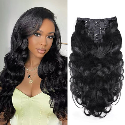 Clip in Mink Hair Extensions 100% Human Hair, 7pcs Natural Black Body Wave – Brazilian Virgin Hair, 70-90g, Heat Styleable