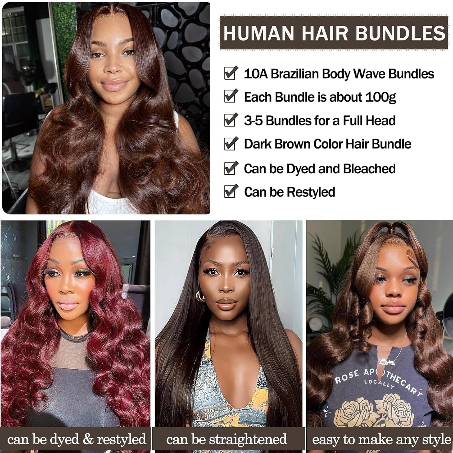 Dark Brown (2#) Body Wave 100% Human Hair Bundles | Deep Color & Soft Bouncy Waves