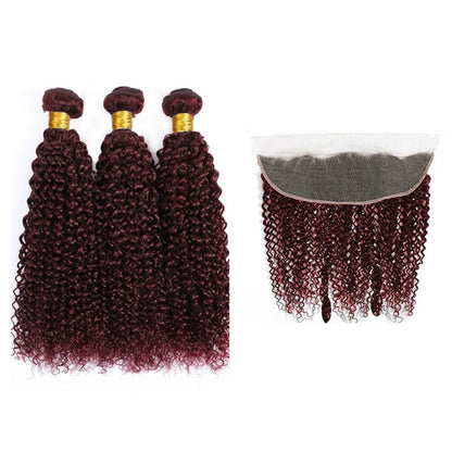 3 Bundles with 13x4 Lace Frontal Jerry Curl Color #99J Burgundy Brazilian Virgin Hair