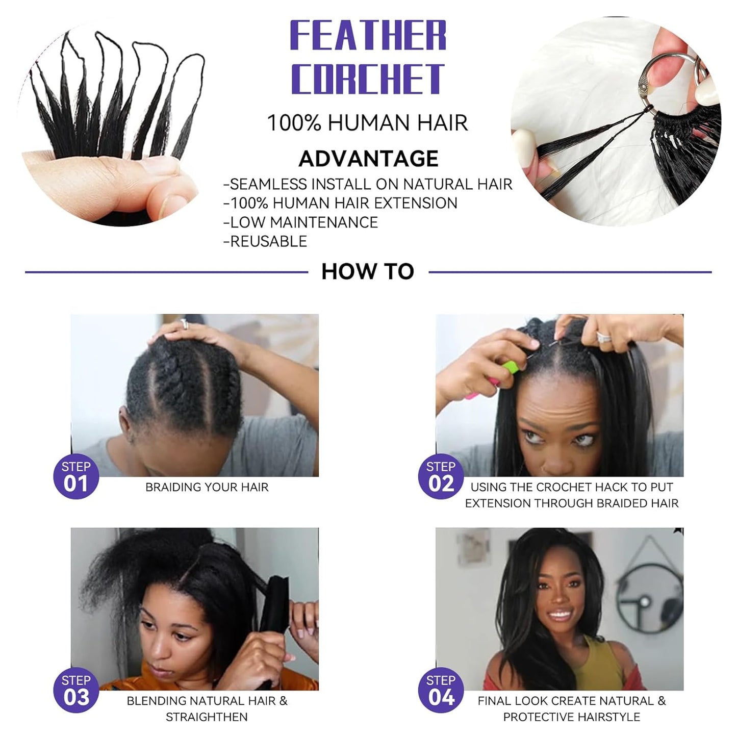 Kinky Straight Crochet 100% Human Hair - Boho Braiding Hair For Miracle Knots (50g/Pack)