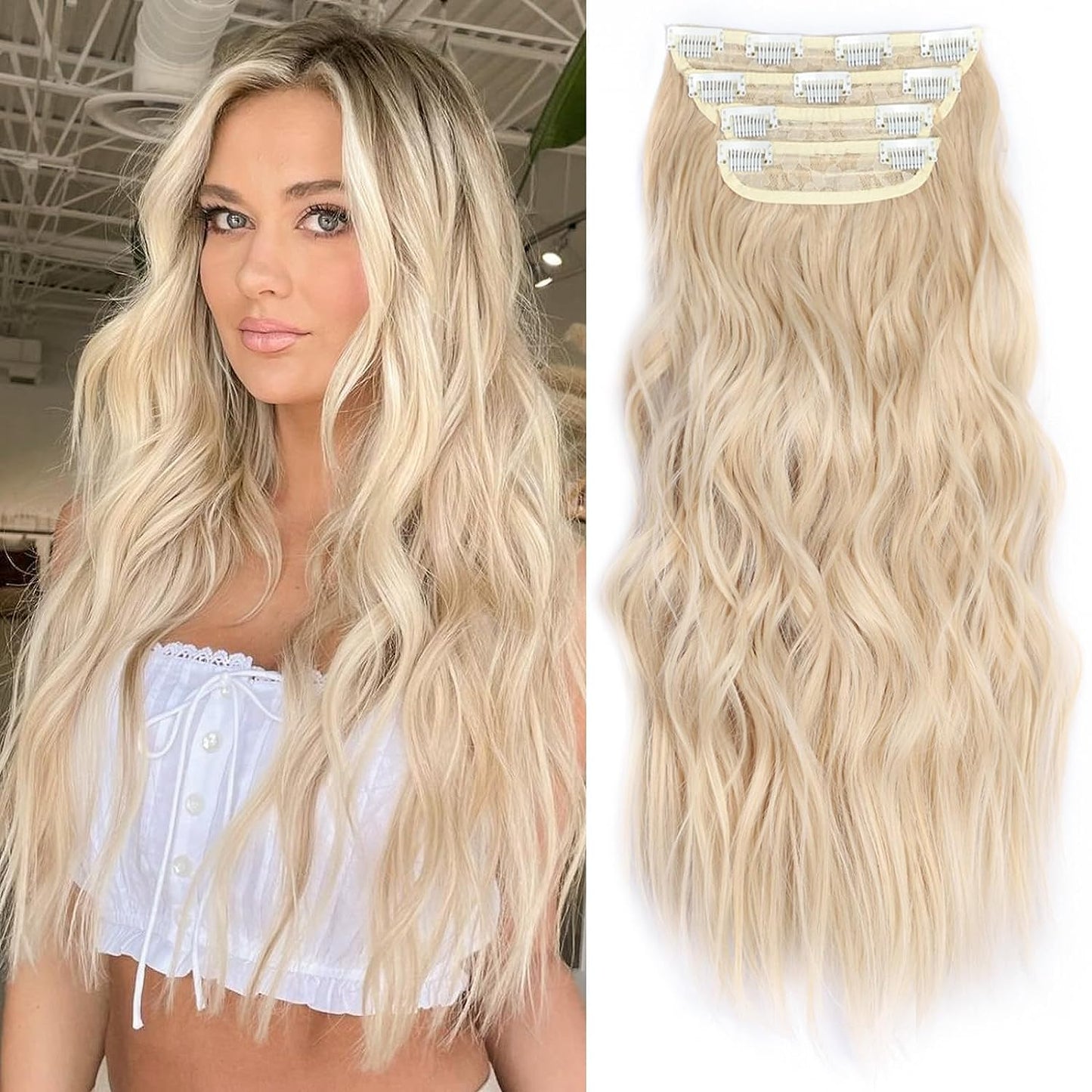 Clip in Long Wavy Synthetic Hair Extension 20 Inch 4PCS 180g Thick Hairpieces Fiber Double Weft Hair for Women – 23 Colors