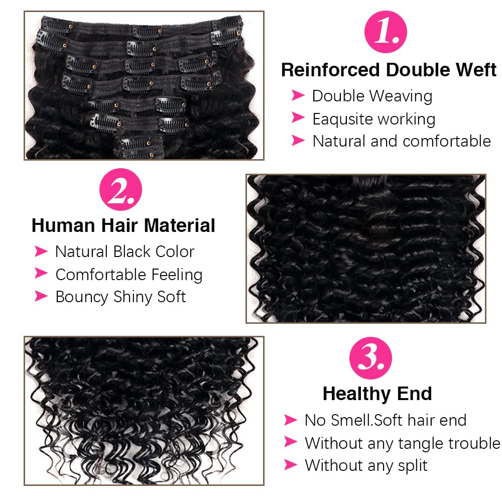 Clip in Mink Hair Extensions 100% Human Hair, 7pcs Natural Black Deep Wave – Brazilian Virgin Hair, 70-90g, Heat Styleable