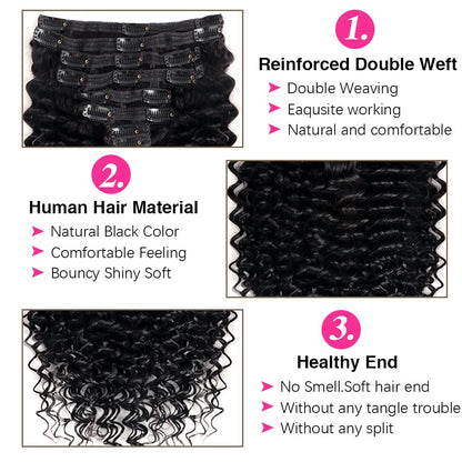 Clip in Mink Hair Extensions 100% Human Hair, 7pcs Natural Black Deep Wave – Brazilian Virgin Hair, 70-90g, Heat Styleable