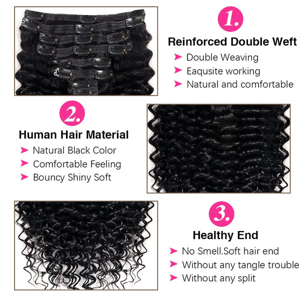Clip in Mink Hair Extensions 100% Human Hair, 7pcs Natural Black Deep Wave – Brazilian Virgin Hair, 70-90g, Heat Styleable