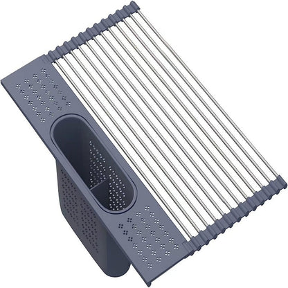 Roll Up Dish Drying Rack 17.5"(L) x 11"(W) - SUS304 Multi-Purpose Rack Rollable Stainless Steel Dish Drainer with Utensil Holder for Kitchen Sink