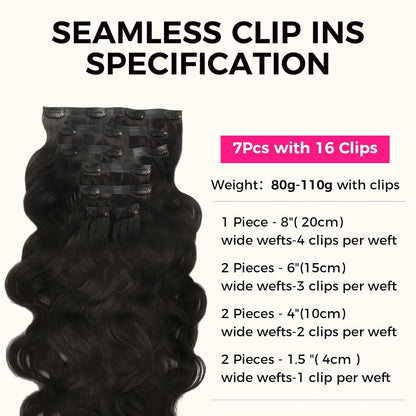 Clip In Premium Hair Extensions Body Wave High Quality 100% Human Hair – Natural Black, Heat Styleable, Easy Clip-In