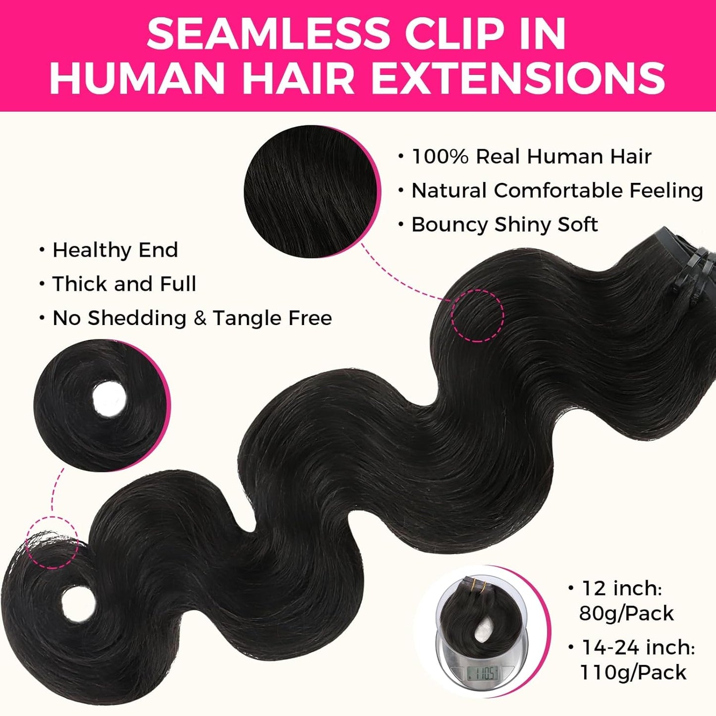 Clip In Premium Hair Extensions Body Wave High Quality 100% Human Hair – Natural Black, Heat Styleable, Easy Clip-In