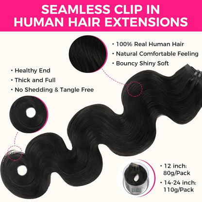 Clip In Premium Hair Extensions Body Wave High Quality 100% Human Hair – Natural Black, Heat Styleable, Easy Clip-In