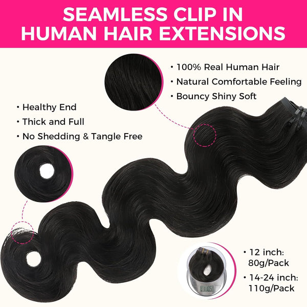 Clip In Premium Hair Extensions Body Wave High Quality 100% Human Hair – Natural Black, Heat Styleable, Easy Clip-In