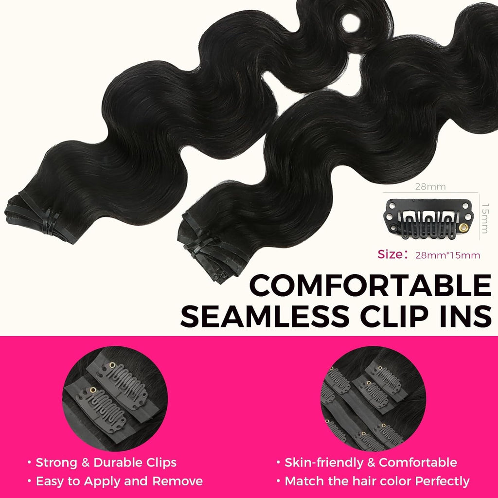 Clip In Premium Hair Extensions Body Wave High Quality 100% Human Hair – Natural Black, Heat Styleable, Easy Clip-In
