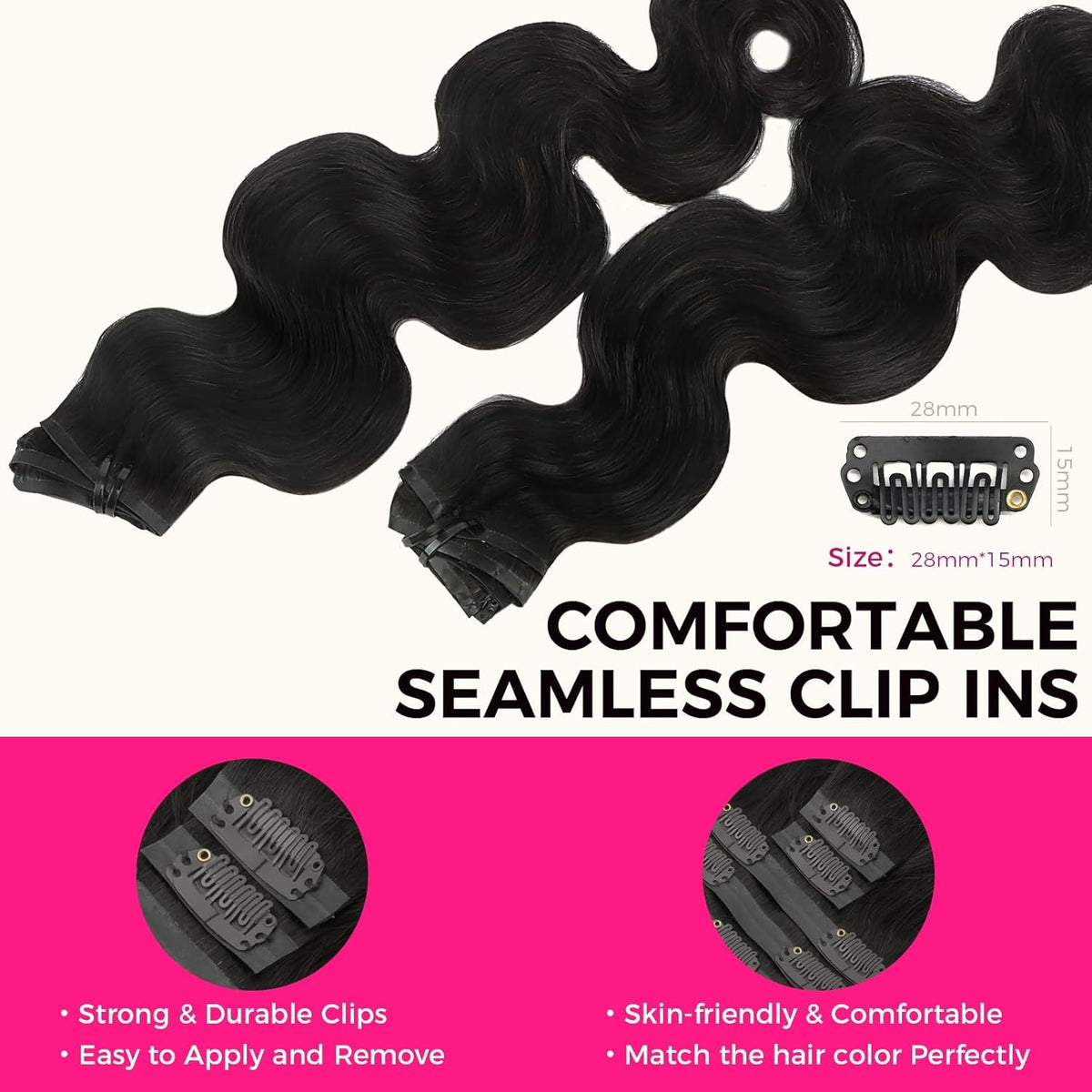 Clip In Premium Hair Extensions Body Wave High Quality 100% Human Hair – Natural Black, Heat Styleable, Easy Clip-In