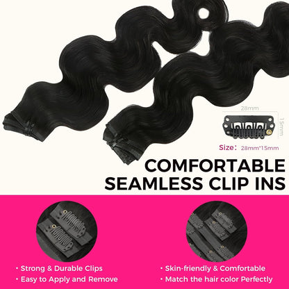 Clip In Premium Hair Extensions Body Wave High Quality 100% Human Hair – Natural Black, Heat Styleable, Easy Clip-In