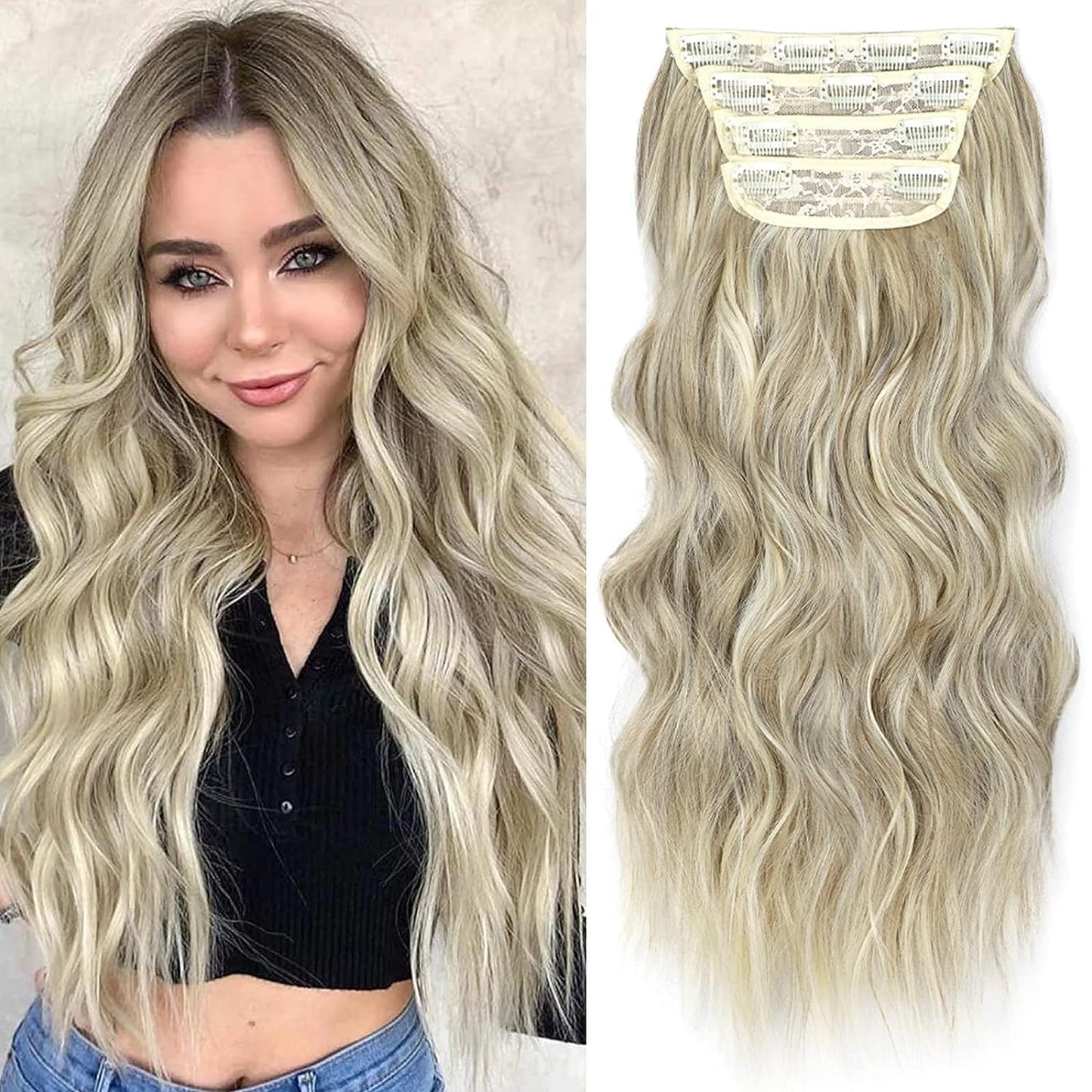 Clip in Long Wavy Synthetic Hair Extension 24 Inch 4PCS 220g Thick Hairpieces Fiber Double Weft Hair for Women – 23 Colors