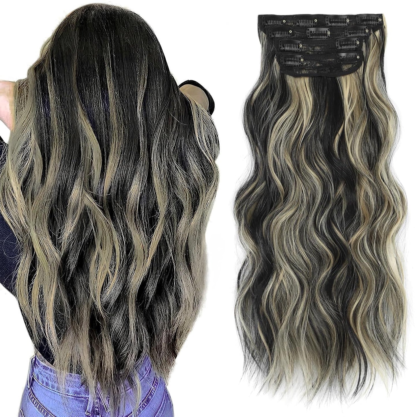 Clip in Long Wavy Synthetic Hair Extension 24 Inch 4PCS 220g Thick Hairpieces Fiber Double Weft Hair for Women – 23 Colors