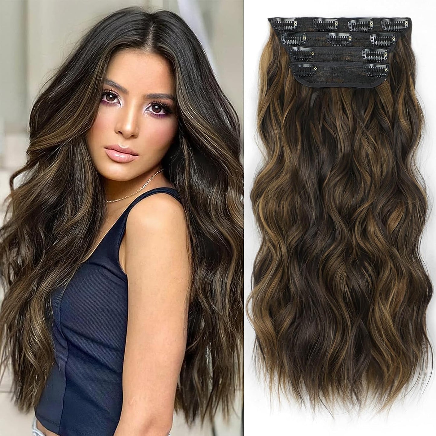 Clip in Long Wavy Synthetic Hair Extension 20 Inch 4PCS 180g Thick Hairpieces Fiber Double Weft Hair for Women – 23 Colors