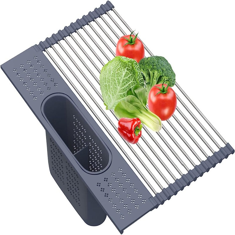 Roll Up Dish Drying Rack 17.5"(L) x 11"(W) - SUS304 Multi-Purpose Rack Rollable Stainless Steel Dish Drainer with Utensil Holder for Kitchen Sink