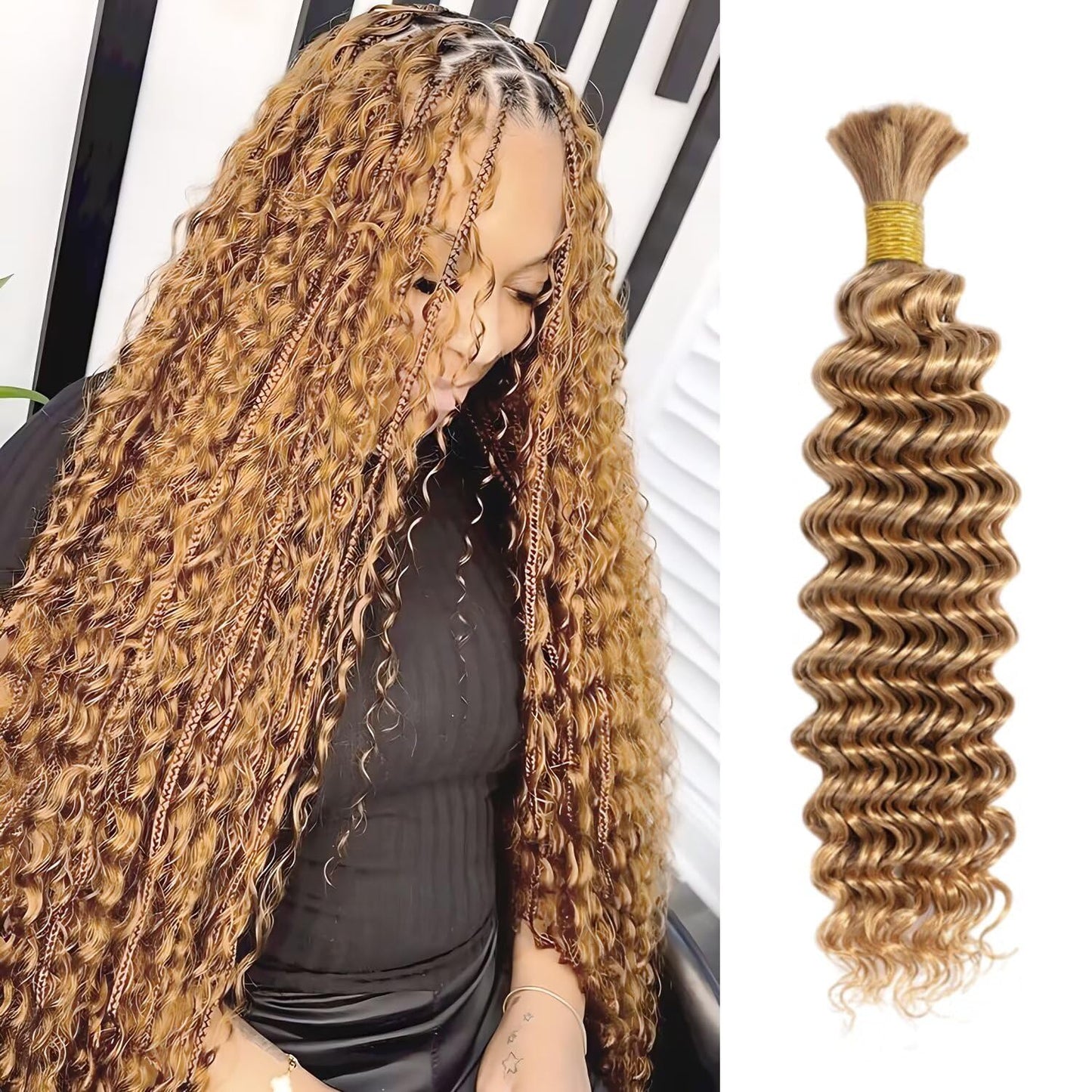 Color #27 Human Braiding Hair Deep Wave Bulk 100% HumanMink Hair 100g/Bundle 20inch 22inch