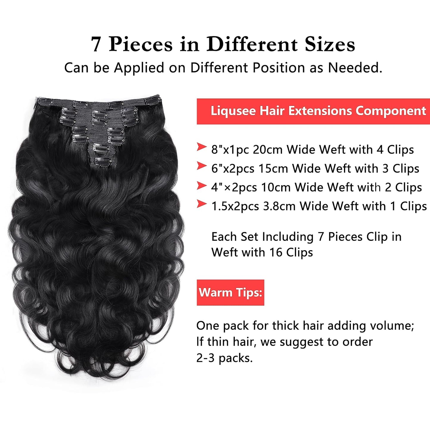 Clip in Mink Hair Extensions 100% Human Hair, 7pcs Natural Black Body Wave – Brazilian Virgin Hair, 70-90g, Heat Styleable