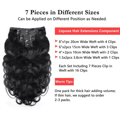 Clip in Mink Hair Extensions 100% Human Hair, 7pcs Natural Black Body Wave – Brazilian Virgin Hair, 70-90g, Heat Styleable